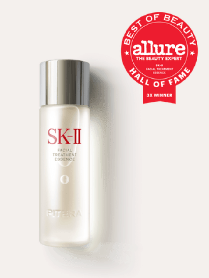 SK-II facial treatment essence bottle with Allure Hall of Fame award on a white background