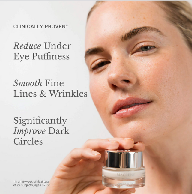 Woman holding a skincare jar with text about product benefits on a light background