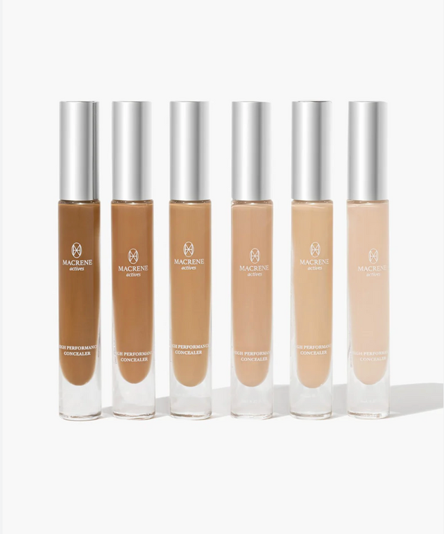 Set of six Macrene Active concealers with silver caps on a white background