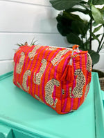 Orange Pink Jaguar Print Quilted Toiletry Bag