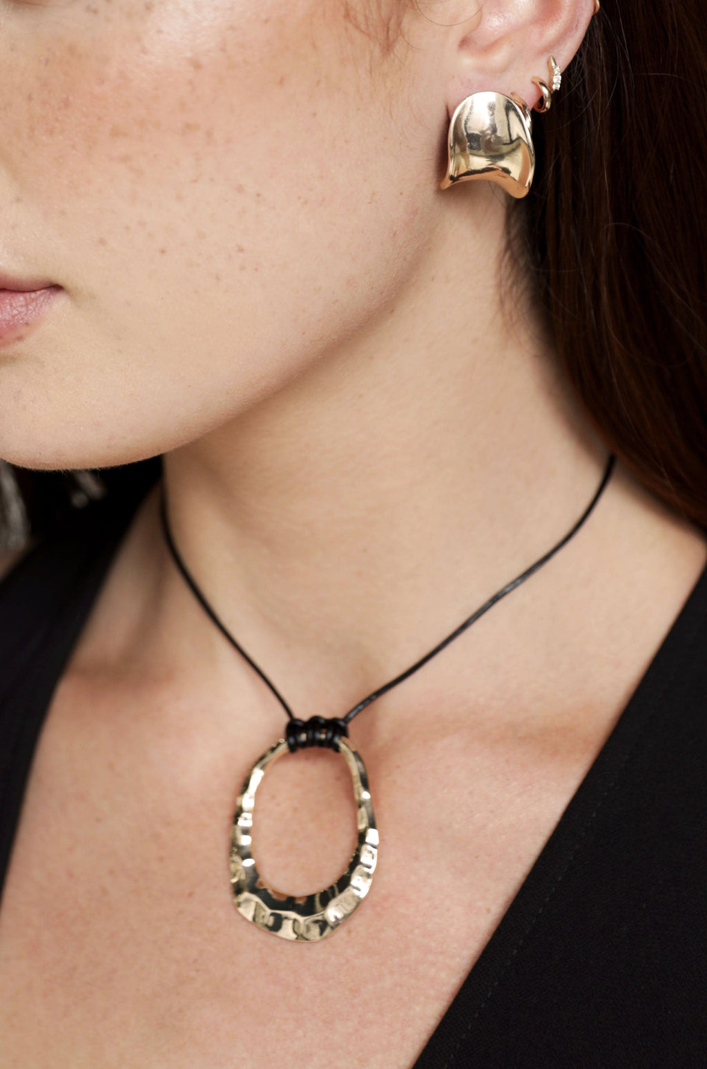 Ettika Necklaces Black Leather / One Size Hammered Golden Loop Pendant 18k Gold Plated Necklace