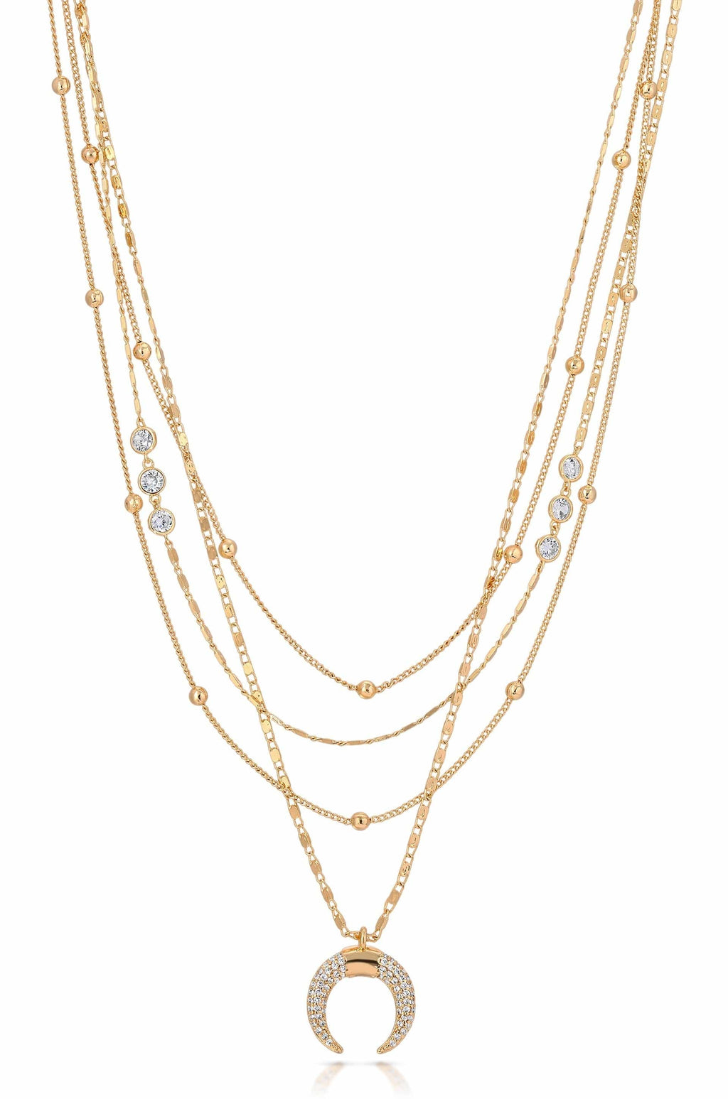 Ettika Necklaces Clear Crystals / One Size Layered Gold Chain & Crescent Horn Necklace
