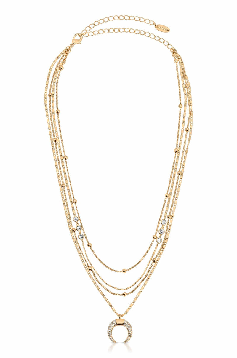 Ettika Necklaces Clear Crystals / One Size Layered Gold Chain & Crescent Horn Necklace