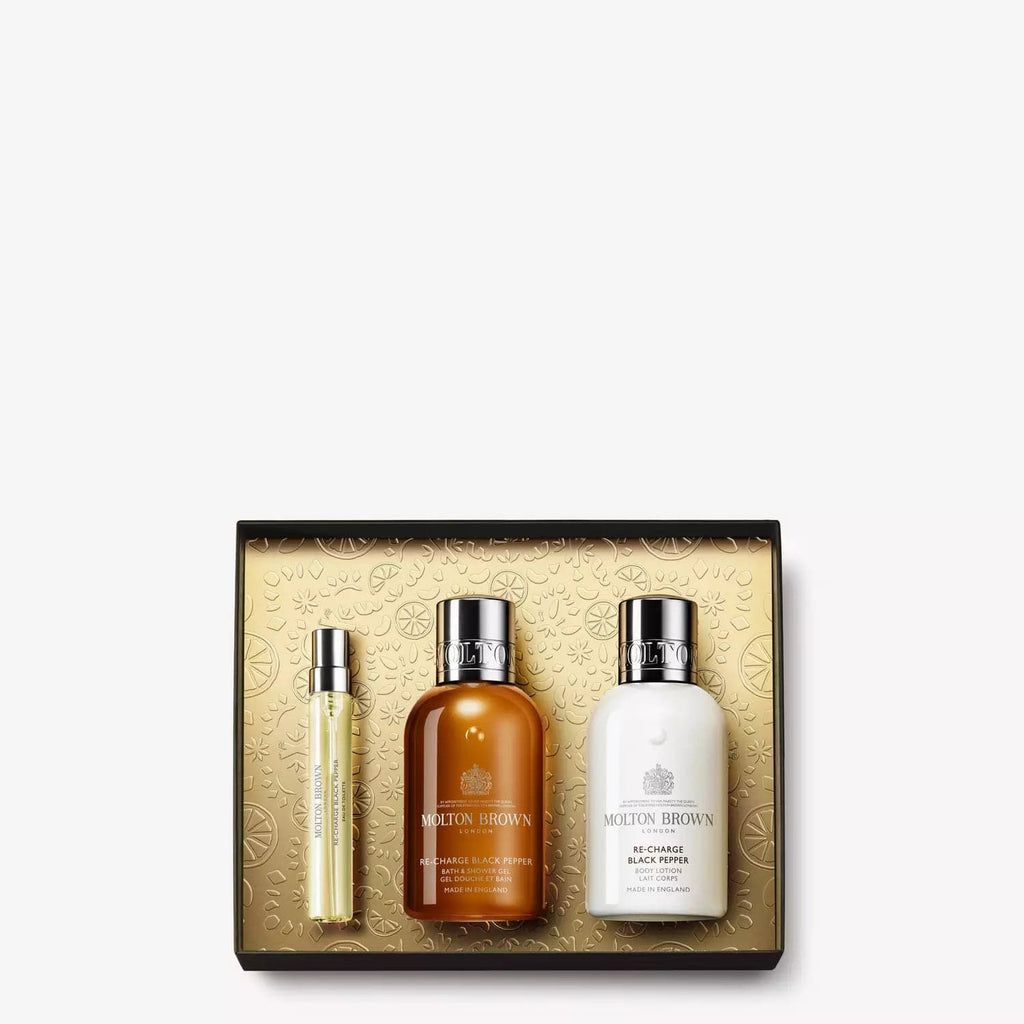 Molton Brown Bath & Body Gift Set Light Brown Box Re-Charge Black Pepper Travel Collection