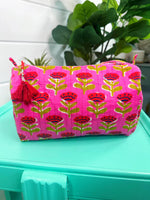 Hot Pink and Red Floral Print Quilted Toiletry Bag