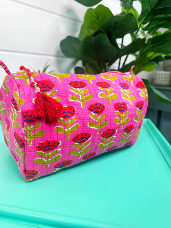 Hot Pink and Red Floral Print Quilted Toiletry Bag