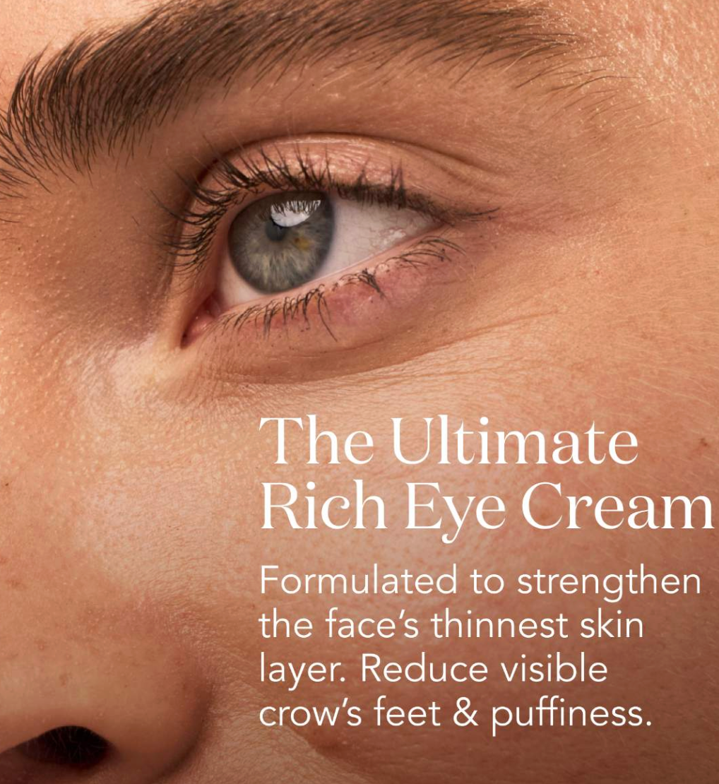Close-up of a person's eye with text about a rich eye cream.