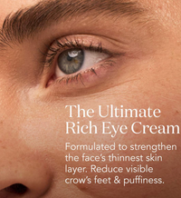 Close-up of a person's eye with text about a rich eye cream.
