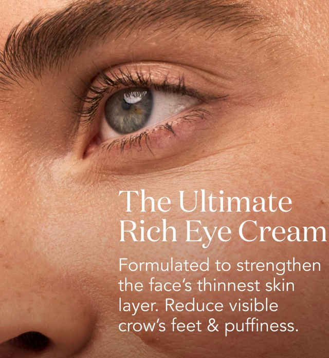 Close-up of a person's eye with text about a rich eye cream.