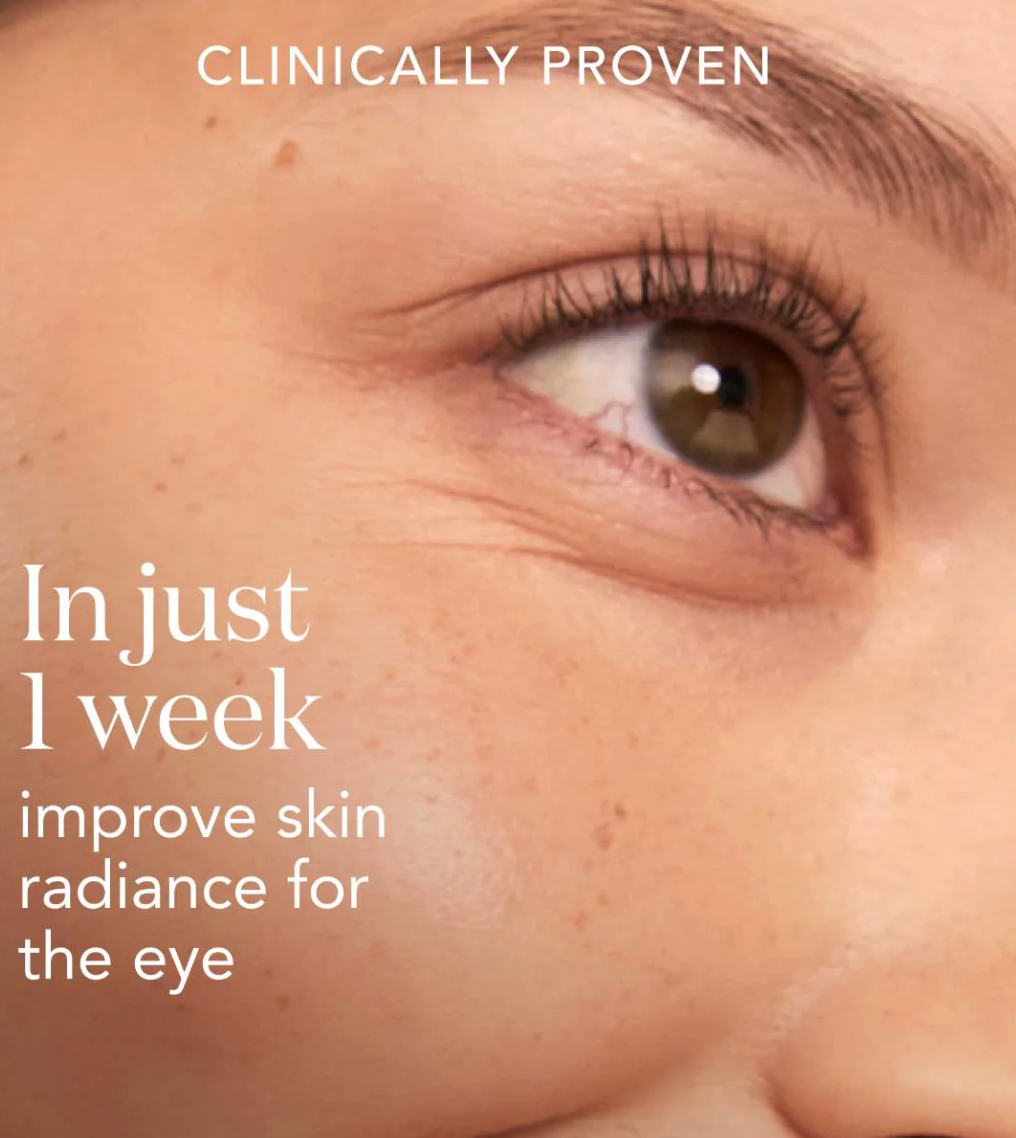 Close-up of a person's eye with text claiming skin radiance improvement in one week.