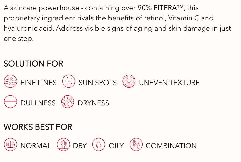 Text description of skincare solution with benefits and usage information on a white background