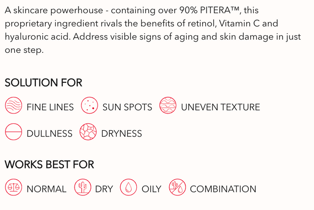 Text description of skincare solution with benefits and usage information on a white background