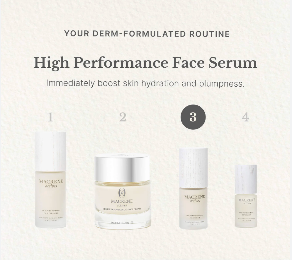 Four skincare products with 'Macrene' branding on a light background